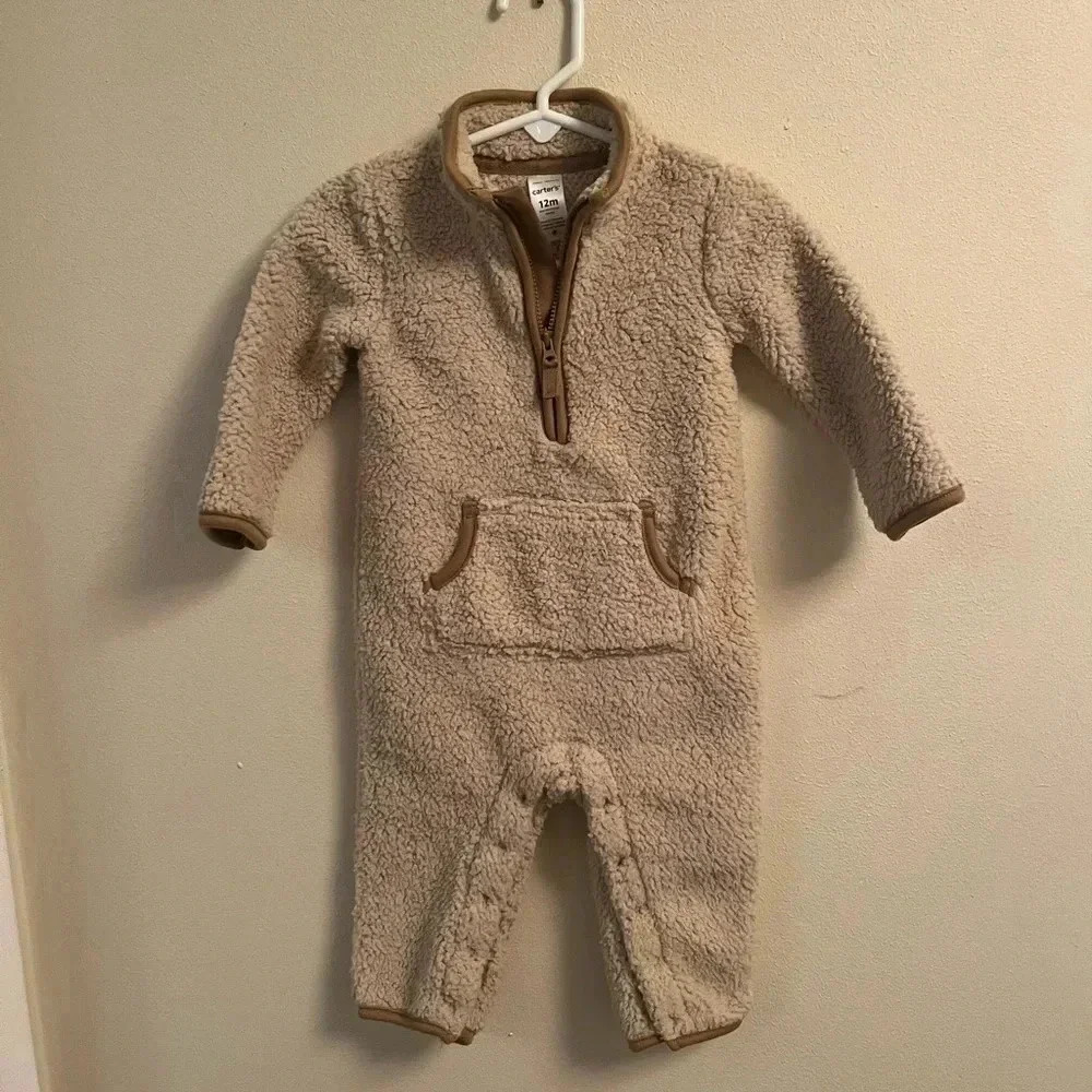 🤍3/$20 Carters Sherpa One Piece Romper Coverall Size 12 Mos. Quarter Zip